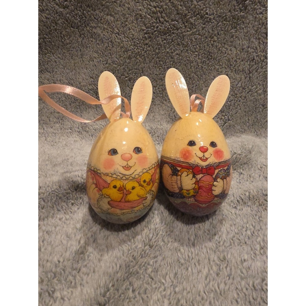 Vintage Wood‎ Mr Mrs Bunny Rabbit Decoupage Easter Egg Ornaments Giftco Spring